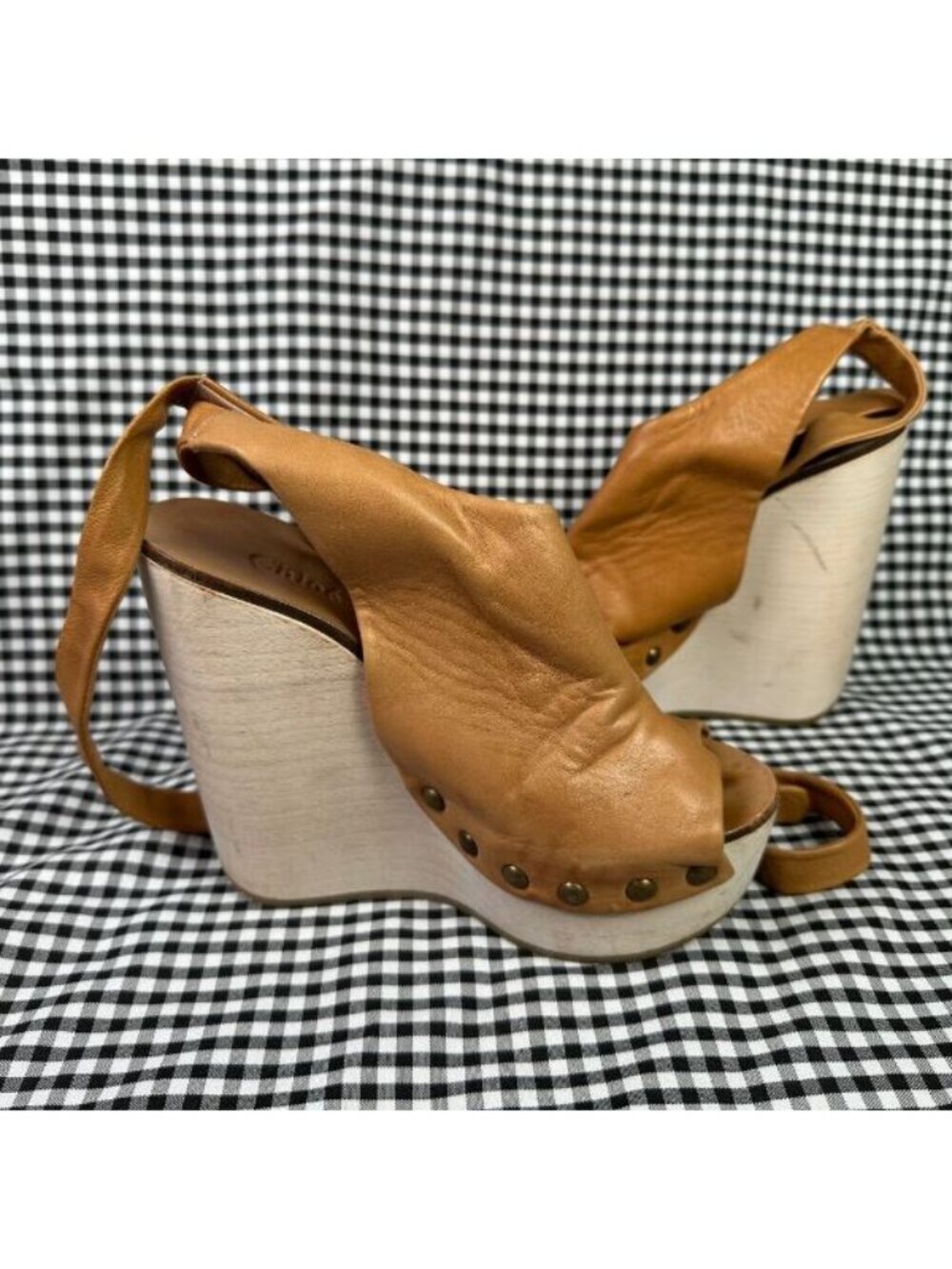 Chloe Studded Brown Leather Ankle Strap Wood Platform Clog Style Heel EU 38 - Picture 2 of 8